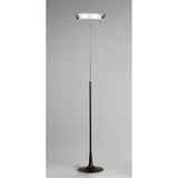 The Zira 2 Light Frosted Glass Floor Lamp in chrome and wenge features a slim metal pole, dark base, and flat white glass shade, offering ambient lighting against a plain gray background.