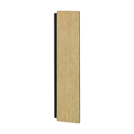 Zubialde LED wall light with a slim rectangular brown wood panel over a black steel backplate, shown at an angle on a plain white background.